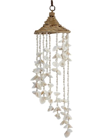 White Seashell Wind Chime with Rattan Hat 6x24"