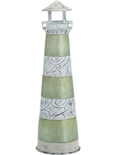 Capiz & Metal Art Green Striped Lighthouse Stand Green/White 15x4.5x4.5"