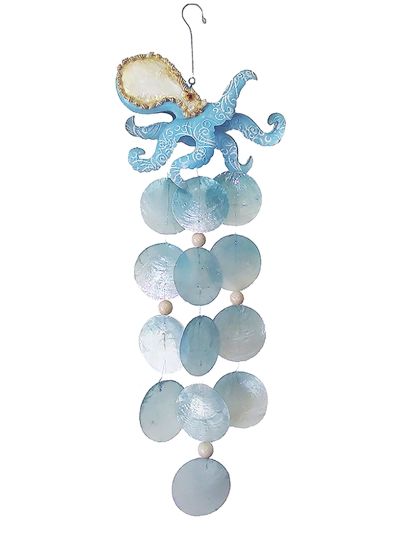 Capiz & Metal Art  Octopus Wind Chime Light Blue/Beige 19x8x3"