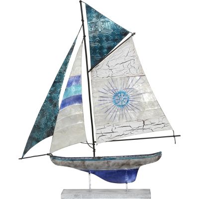 Capiz & Metal Art Schooner Sailboat on Stand Blue/White 21x17.5x4"